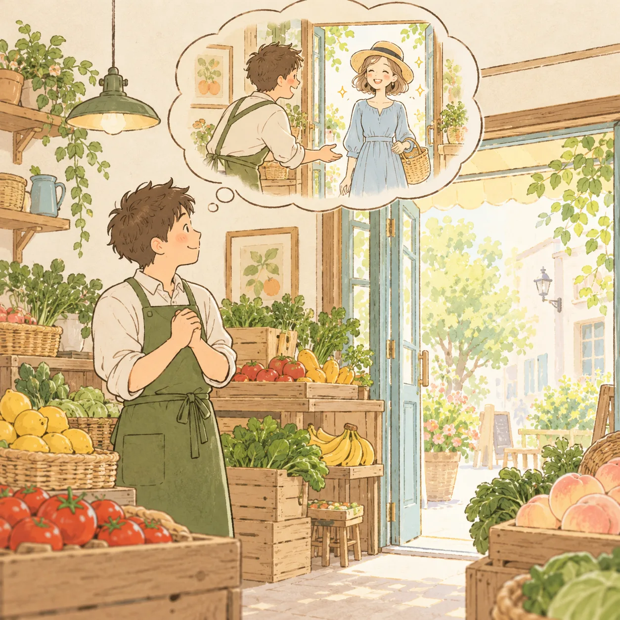 店主が入口を見て、あこがれの人が来店する場面を思い浮かべているイラスト