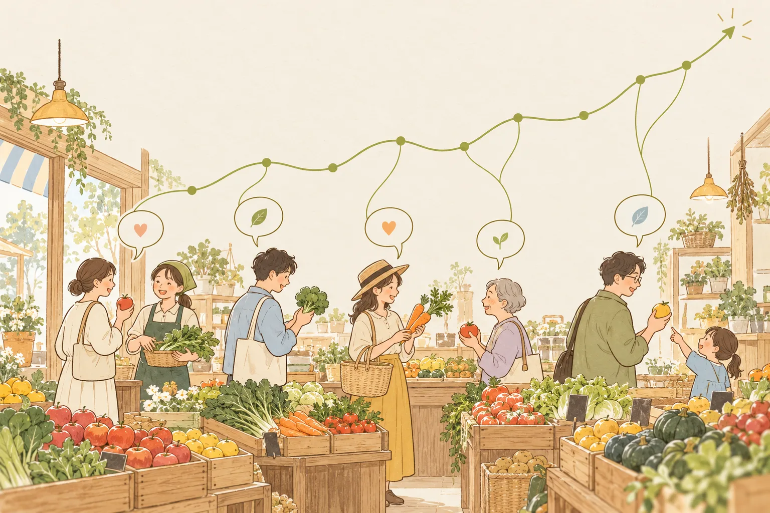 野菜売り場のお客の声の吹き出しが集まって一本の折れ線グラフになっていくイラスト