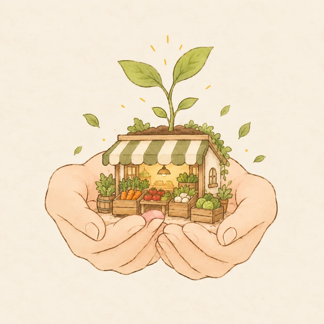 小さな店を苗木のように両手で大切に育てるイラスト