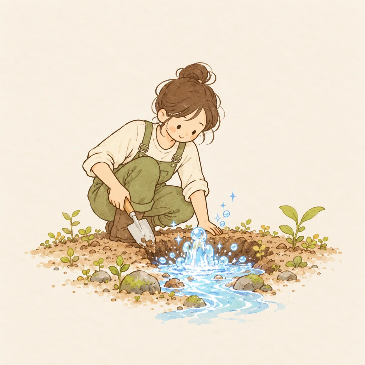 しゃがんでスコップで足元を掘ると、澄んだ水が湧き出すイラスト