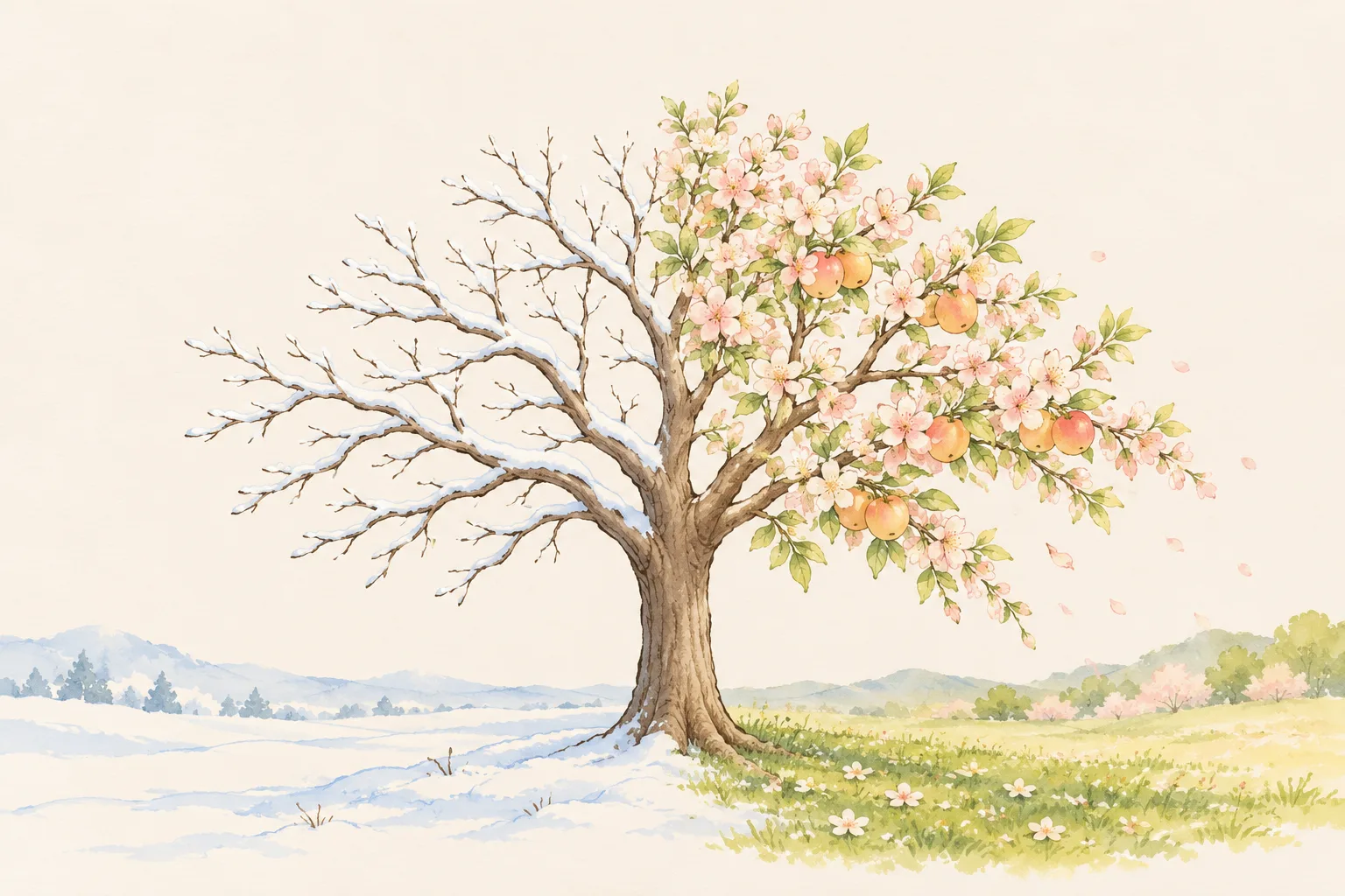 左は雪をかぶった裸の木、右は同じ木が花と実をつけているイラスト